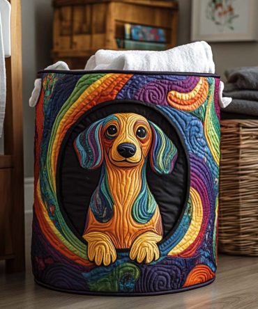 Swirl Pup Glow Quilted Laundry Hamper — Cute Dog-Themed Collapsible Clothes Basket, Durable Fabric Bin With Easy-Carry Handles