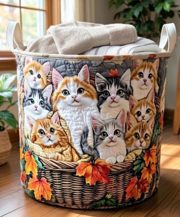 Charming Quilted Laundry Bin — Tabby Charm Print Fabric Hamper, Collapsible & Lightweight With Dual Handles For Stylish Home Storage