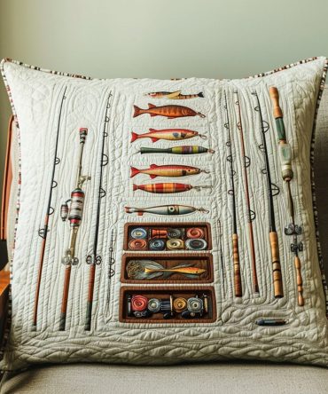 Tackle Box Delight Quilted Pillow Cover — Fishing-Themed Decorative Pillowcase With Lures & Reels Motif, Quilted Cotton Blend For Anglers