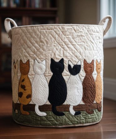 Tail-End Tales Quilted Laundry Hamper — Playful Cat Tail Fabric Storage Basket, Foldable Laundry Organizer For Bright & Fun Rooms