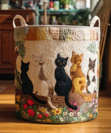 Tail-Tucked Cats Quilted Laundry Hamper — Playful Foldable Fabric Basket With Reinforced Handles, Quilted Protection & Easy-Care Liner