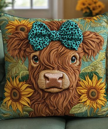 Teal Bow Cow Quilted Pillow Cover — Stylish Farmhouse Accent With Teal Bow Detail , Textured Quilting, Machine‑Washable, Trendy Gift