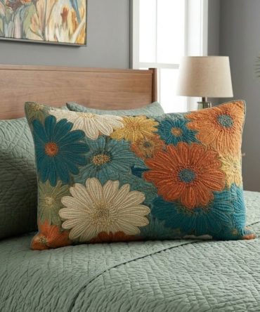 Teal Daisy Mosaic Quilted Pillow Cover – Modern Floral Decorative Pillowcase, Vibrant Teal Accent, Soft & Washable