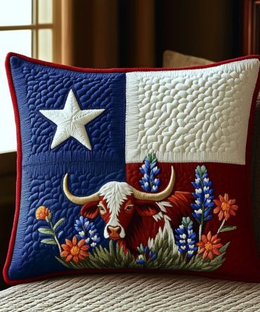 Texas Pride Quilted Pillow Cover With Lone Star Motif, Premium Cotton Blend Decorative Throw Pillowcase For Patriotic & Western Home Decor