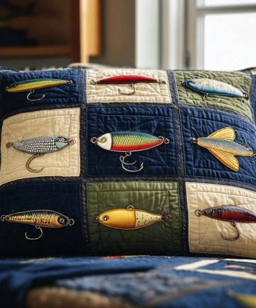 The Fish Lodge Quilted Decorative Pillow Cover — Nautical Fishing-Themed Throw Pillowcase For Coastal, Cabin & Lakehouse Living Rooms