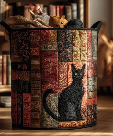 Bookish Cat Quilted Hamper — Literary Cat Design Collapsible Laundry Basket For Cozy Bedrooms, Libraries & Stylish Storage