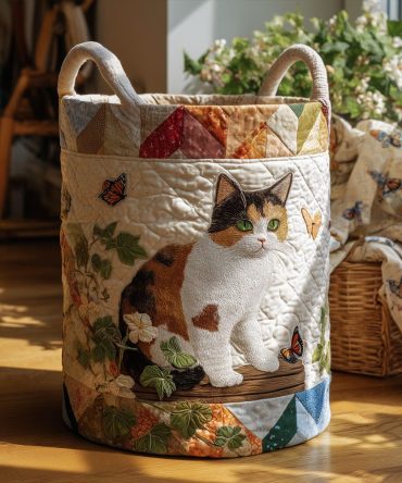 Calico Quilted Laundry Basket - Charming Cat Print Fabric Hamper, Collapsible Storage For Clothing, Throws, And Toys