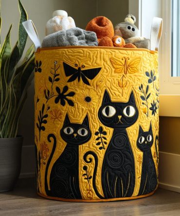 The Cat Crowd Quilted Laundry Hamper — Playful Cat Print Fabric Storage Basket, Soft Quilting, Foldable & Easy To Carry