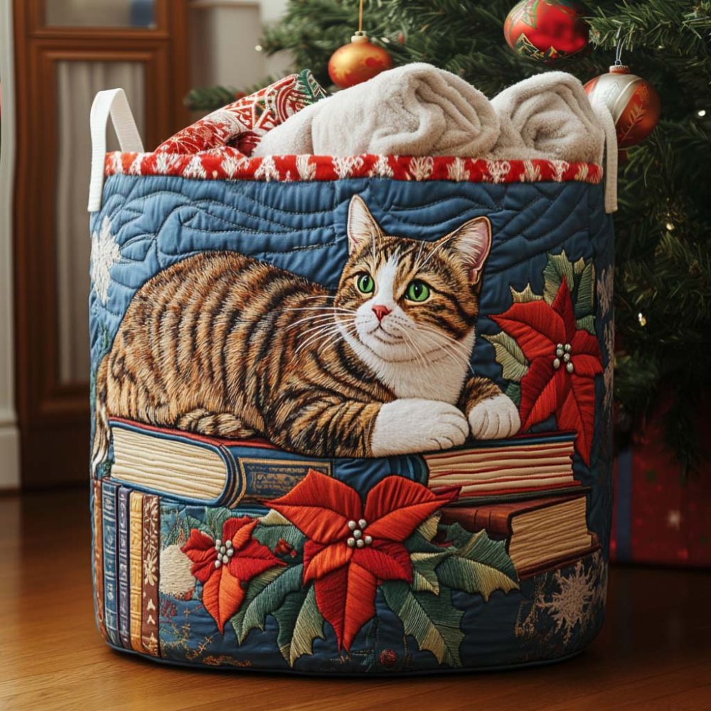 Christmas Eve Cat Quilted Laundry Hamper — Festive Storybook Decorative Fabric Basket With Foldable Design, Liner & Gift-Ready Presentation