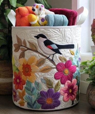 Flowered Aviary Quilted Laundry Hamper — Foldable Floral Fabric Laundry Basket With Handles For Decorative Storage