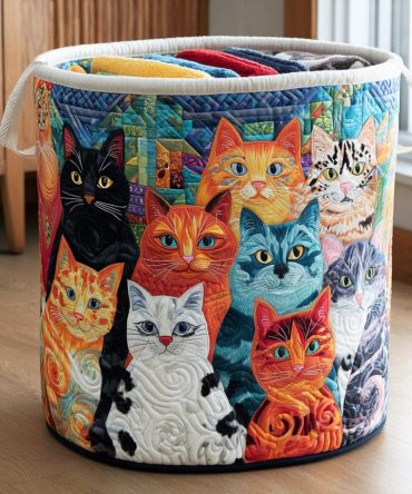 The Meow Squad Quilted Laundry Hamper - Cute Cartoon Cat Fabric Basket, Foldable & Portable Storage For Kids, Pets, Or Dorms