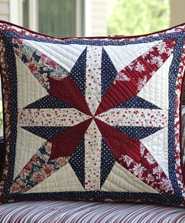 Patriot Patch Quilted Decorative Pillow Cover — Vintage-Inspired American Patchwork Throw Pillowcase For Sofa, Bed & Porch