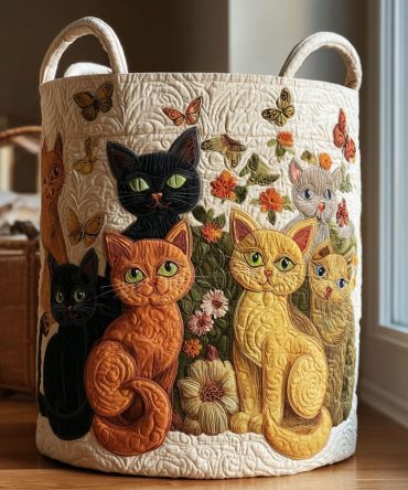The Purring Parade Quilted Hamper – Whimsical Cat-Pattern Collapsible Laundry Basket With Handles For Stylish, Organized Living Spaces