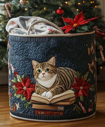 The Reading Cat Quilted Laundry Hamper - Literary Cat Design Foldable Fabric Basket With Handles, Washable & Charming Home Organizer