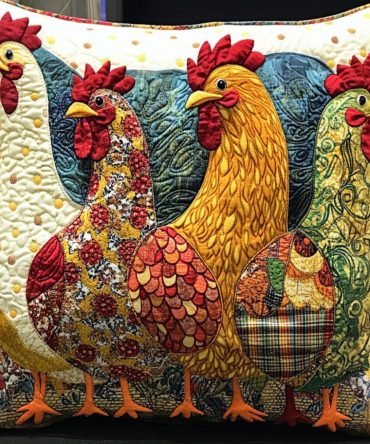 Rooster Parade Quilted Throw Pillow Cover – Colorful Farm Animal Accent, Premium Zippered Decorative Cushion Case, Soft & Machine-Washable