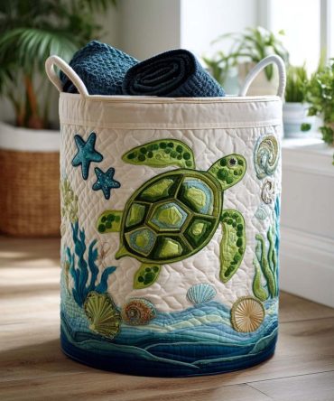 Large Quilted Laundry Hamper - Collapsible Tidal Voyage Print Storage Basket With Handles For Coastal Home, Durable & Stylish Organization
