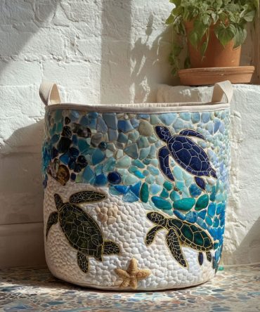 Tideglow Sea Turtle Quilted Hamper — Foldable Ocean-Themed Laundry Basket, Spacious Durable Fabric Organizer For Home & Beach Houses