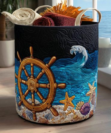 Tides & Tradition Quilted Laundry Hamper — Coastal Stripe Fabric Basket, Foldable Clothes Organizer With Durable Lining For Beach House
