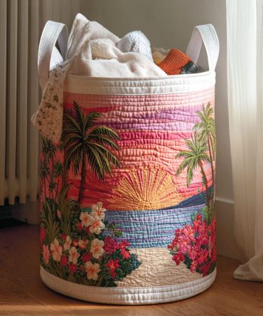 Tides Of Tranquility Quilted Laundry Hamper - Foldable Coastal Laundry Basket With Reinforced Handles, Breathable Liner & Elegant Pattern