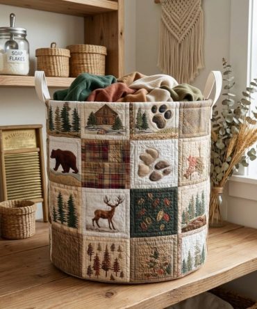 Timber Buck Quilted Laundry Hamper — Stag Buck Print Storage Basket, Large Washable Cotton Quilt, Collapsible & Robust Organizer For Cabin Or Home