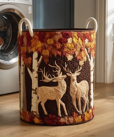 Timber Deer Quilted Laundry Hamper — Classic Deer Print Collapsible Fabric Basket With Handles For Home Storage