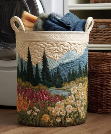 Timber Ridge Quilted Laundry Hamper - Rustic Mountain Fabric Basket, Large Foldable Organizer With Reinforced Handles For Cabin & Home