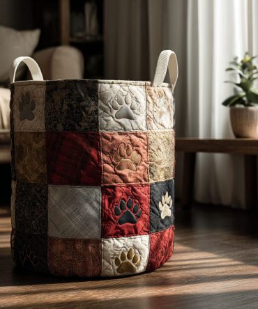 Timber Trail Paws Quilted Laundry Hamper — Rustic Timber Paw Print, Foldable Padded Storage Basket With Handles & Machine-Washable Liner
