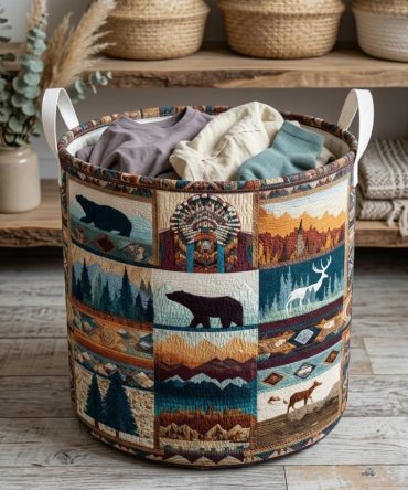 Timber Vista Quilted Laundry Hamper - Heavy-Duty Foldable Basket With Soft Quilting, Comfortable Handles & Rustic Outdoor Design