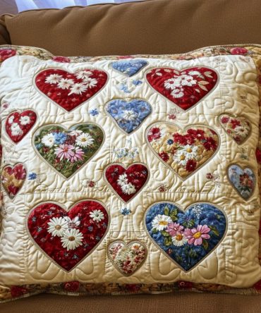 Romantic Heart & Bloom Quilted Pillow Cover — Soft Cotton-Blend Decorative Sham, Floral Embroidery, Cozy Accent For Bedroom & Nursery