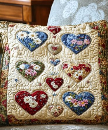 Timeless Hearts Bloom Quilted Pillow Cover — Romantic Patchwork Accent Pillowcase For Shabby Chic, Vintage & Cottage Decor