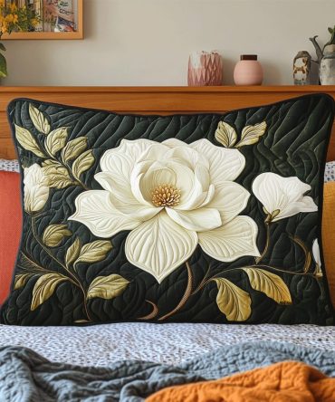 Magnolia Blossom Quilted Pillow Cover — Timeless Floral Decorative Sham In Soft Cotton-Blend, Subtle Elegance For Bedroom Or Living Room
