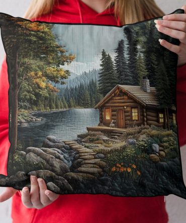 Timeless Log Cabin Quilted Throw Pillow Cover — Rustic Lodge Decorative Cushion For Cozy Cabin, Chalet & Farmhouse Interiors