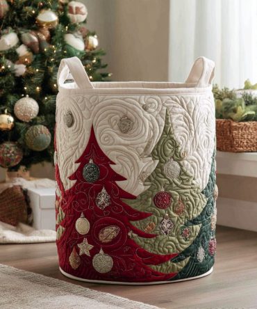 Tinsel Dreams Quilted Laundry Basket — Metallic Tinsel Motif, Padded Fabric Hamper With Handles, Foldable Holiday & Home Storage