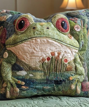 Toad Time Quilted Decorative Pillow Cover — Rustic Frog & Toad Motif, Durable Cotton-Blend Cushion Cover For Indoor & Covered Outdoor Use