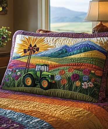 Tractor Windmill Country Quilted Pillow Cover — Farmhouse Cotton Decorative Sham With Rustic Motif, Hypoallergenic & Machine-Washable