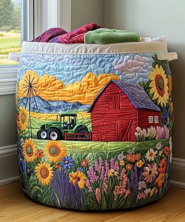 Tractor Bloom Quilted Laundry Hamper — Playful Farmhouse Quilted Basket For Kids, Lightweight Foldable Laundry Storage With Carry Handles