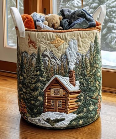 Tranquil Cabin Quilted Laundry Hamper — Scenic Cabin Print Collapsible Fabric Storage, Quilted Organizer With Reinforced Handles For Cozy Homes
