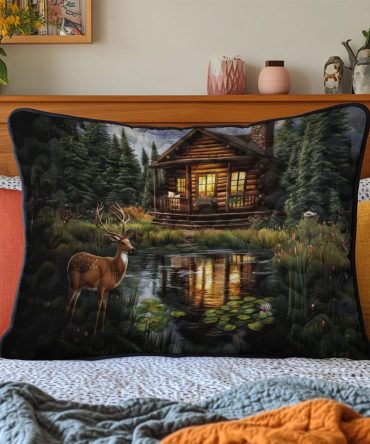 Tranquil Log Cabin Quilted Pillow Cover — Rustic Cabin Decorative Sham, Cozy Quilting, Durable Cotton-Blend For Lodge & Farmhouse Style