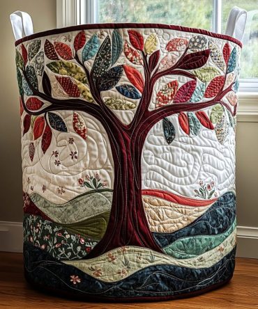 Tree Glow Quilted Laundry Hamper — Elegant Tree Pattern Fabric Laundry Basket With Reinforced Base, Carry Handles & Collapsible Design For Stylish Storage