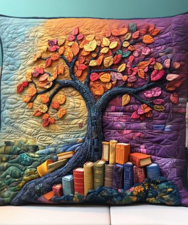 Tree Of Books Quilted Decorative Pillow Cover — Literary Tree Motif Throw Cushion, Cozy Reversible Cotton Blend For Study & Library Décor