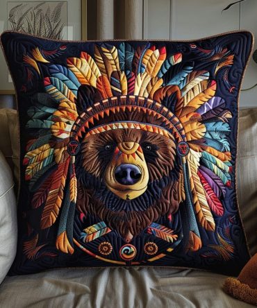Tribal Sun Bear Quilted Pillow Cover — Native-Inspired Bear Motif Decorative Pillowcase For Lodge, Cabin & Rustic Decor