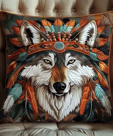 Tribal Wolf Spirit Quilted Accent Pillow Cover — Bold Ethnic-Inspired Throw Cushion With Quilted Texture For Eclectic & Boho Interiors