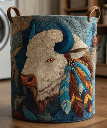 Tribal Bison Majesty Quilted Laundry Hamper — Statement Quilted Fabric Laundry Bin With Handles, Collapsible & Machine-Washable
