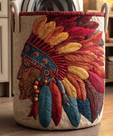 Tribal Feather Crown Quilted Hamper – Boho Collapsible Laundry Basket With Handles, Patterned Fabric Organizer For Bedroom & Dorm