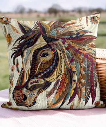 Tribal Gallop Quilted Pillow Cover - Aztec Horse Motif Decorative Throw Pillow Sham, Southwestern Boho Accent, Textured Cotton Blend