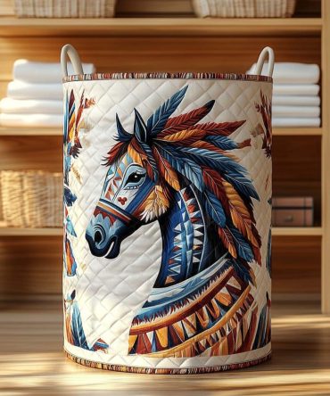Tribal Horse Quilted Storage Hamper — Large Foldable Fabric Laundry Basket With Reinforced Handles For Rustic & Boho Home Organization