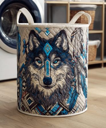 Tribal Night Quilted Wolf Laundry Basket — Bold Midnight Design Collapsible Hamper, Stylish Fabric Storage For Bedroom & Lodge Interiors