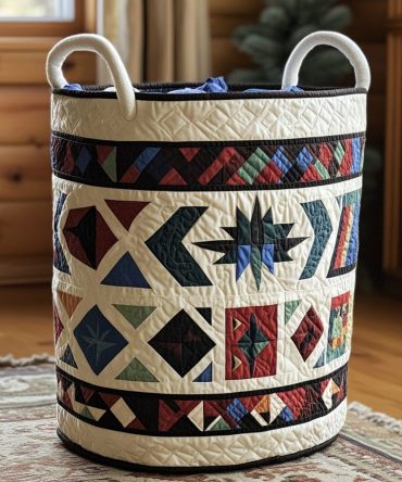 Tribal Peaks Quilted Fabric Hamper – Patterned Collapsible Laundry Basket With Strong Handles, Stylish Geometric Storage For Bedroom, Bath & Dorm