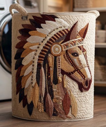 Tribal Running Horse Quilted Laundry Hamper — Western Horse Print Foldable Laundry Basket For Ranch, Lodge & Rustic Homes