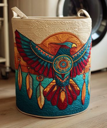 Tribal Sky Quilted Eagle Laundry Basket — Sky-Inspired Feather Hamper, Collapsible Decorative Fabric Storage For Home, Cabin & Dorm Rooms